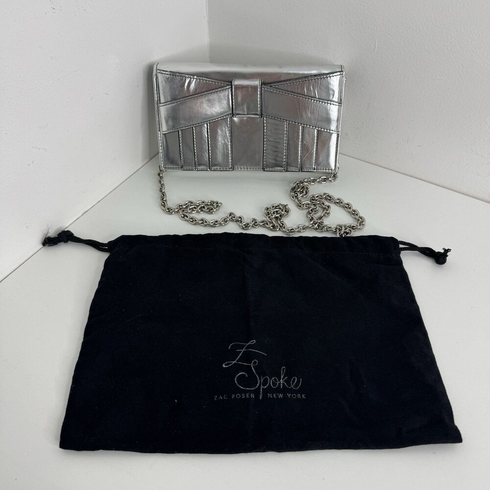 Z spoke Zac Posen Shirley bow mini crossbody bag Silver Metallic Chain Purse